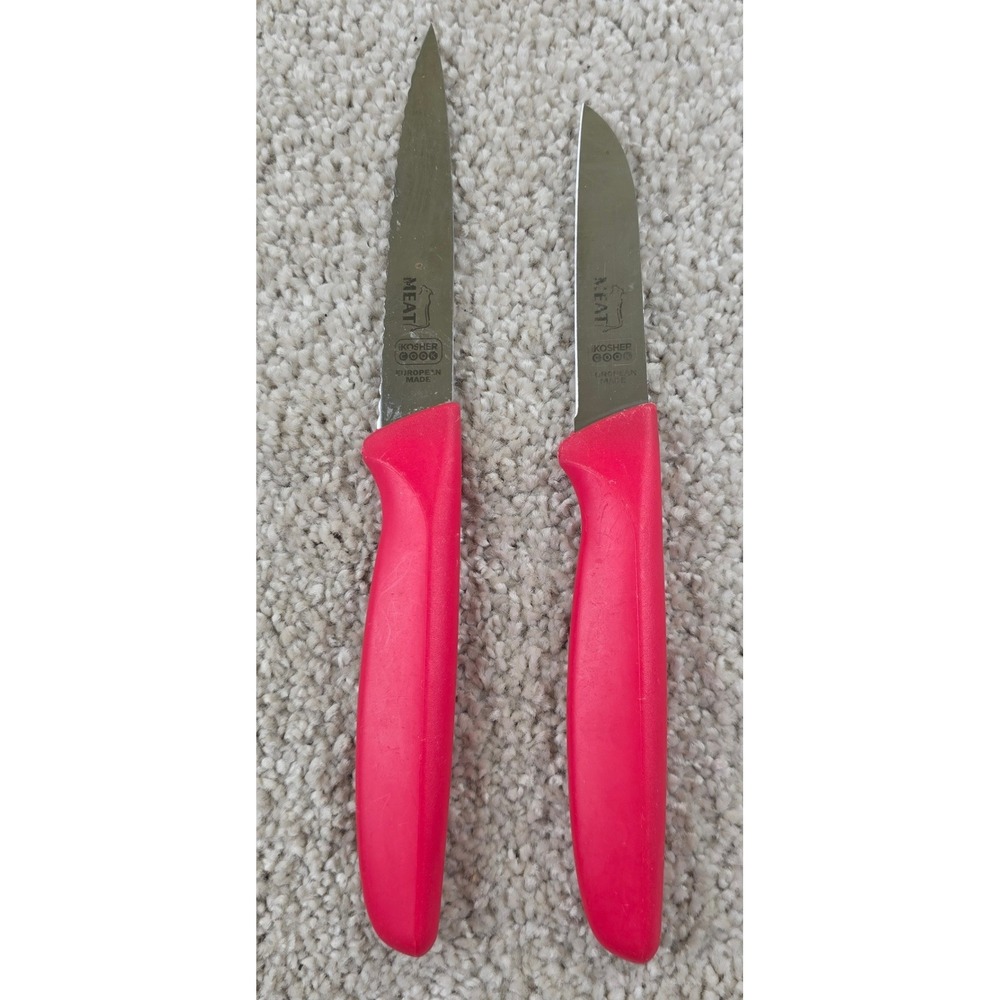 MEAT Kosher European Made Utility Knife Lot 2 Red Handle Serrated Plain Edge